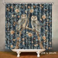 Owl Forest Waterproof Shower Curtain, Bird Floral Bathroom Decor, Polyester Fabric, Machine Washable