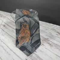 Vintage 90s Meier Seide Silk Men's Necktie Gray w/Orange Owls Hand Painted Artist Signed Germany