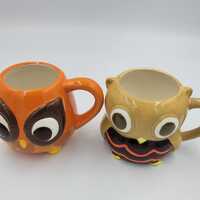 Mesa Home Owl Mugs, Set of 2, Big Eyed and Baby Owls, Glazed Finish