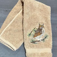 Embroidered Great Horned Owl on Tan or 15 Other Color Options Turkish Cotton Bathroom Fluffy Thick H