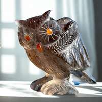 Smoky Quartz Owl Sculpture: Hand Carved Artist Estate, One Piece, Carnelian Accents, Vintage Brazili