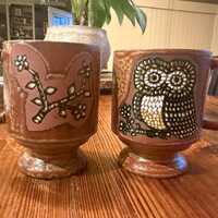 Vintage Holt Howard Owl Mugs Set of 2 Rustic 1970s Pedestal Stoneware Woodland Cabin Coffee Cups
