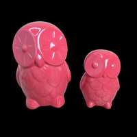 Coral Pink Ceramic Owl Figurines Set | Glossy Shelf Decor, Nursery Accent