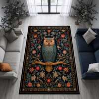 Folk Art Owl Area Rug, Vintage Woodland Botanical Carpet, Cottagecore Rustic Home Decor
