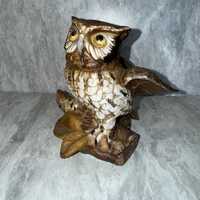 HOMCO Vintage Owl Figurine, Midcentury Porcelain Owl on Log Knick Knack