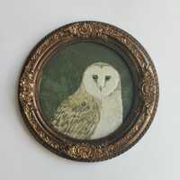 Handmade Owl Portrait Painting, Ornate Gold Round Frame, Vintage Woodland Wall Art