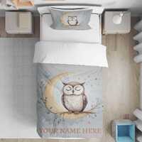 Personalised Owl Moon Cot Bed Duvet Cover Set, Custom Name Baby Bedding, Cute Woodland Animal Nurser