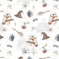 Tissu enfant &ndash; Motif Magie & Hibou sorcier blanc &ndash; Coton, minky, double gaze, jersey
