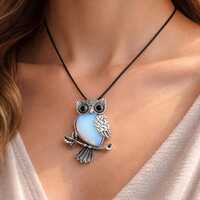 Blue Opalite Owl Pendant Necklace, Vintage Silver Celestial Jewelry, Boho Gothic Style