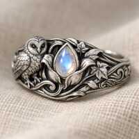 Sterling Silver Owl Moonstone Ring &bull; Woodland Nature Statement Jewelry
