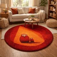 Hand Tufted Wool Owl Rug &ndash; Round Red Orange Area Accent Carpet