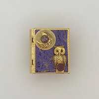 Miniature Book Pin – featuring a gold owl and new moon cover design, with a guidance spell tuc