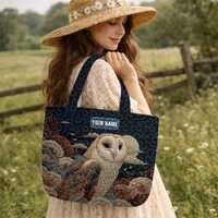 Personalized Barn Owl in Moonlight Quilted Tote Bag, Custom Name Wise Owl Shoulder Bag, Artistic Noc