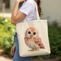 Baby Owl Watercolor Tote Bag, Woodland Forest Bird Art, Nature Lover Gift
