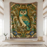 Woven Blanket: Owl, Art Nouveau, Vintage Aesthetics, Victorian Art Home Decor, Ornate Gold & Eme