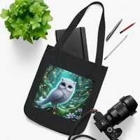 White Owl Tote Bag &ndash; Magical Forest Cat‑Owl Art Tote, Organic Cotton Eco Bag, Owl Lover Gift