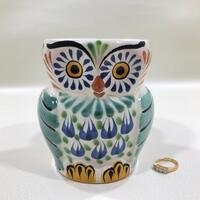 GORKY GONZALES Majolica Owl Mug Made in Guanajuato, Mexico ~ Handmade White Glazed Bird Shaped Cup H