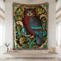 Woven Blanket: Owl, Art Nouveau, Vintage Aesthetics, Victorian Art Home Decor, Ornate Gold & Red