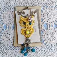 Oversized Yellow Owl Pendant Assemblage Necklace: Boho, Cottagecore, Bird Festival Jewelry, OOAK, Sp