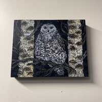 Snowy Owl Acrylic Painting: Night Trees, Wood Panel Art (11x14")