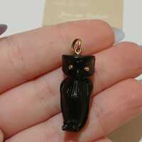 Solid Gold Owl Pendant Jet 18K Yellow Gold Protection Charm 750 Jewelry Gift Good Fortune and Prospe