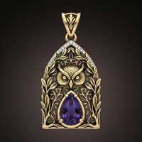 Gold Owl Pendant Necklace with Purple Stone – Gothic Arch Filigree Gold Plated Sterling Silver