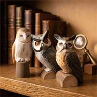 Hand Painted Basswood Owl Statue | Hand-Carved Wooden Bird Figurine, Shelf Sitter-