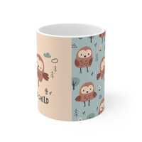 Woodland Owl Mug | Muted Pastel Forest Pattern, Kids Coffee Cup
