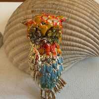 Vintage Colorful Owl Brooch Gold Tone Enamel Rhinestone Eyes Figural Mid Century Statement Pin