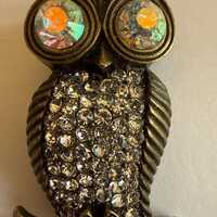 Vintage Owl Brooch Rhinestone Aurora Borealis Eyes Antiqued Brass Tone Figural Pin Statement Jewelry