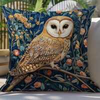 Vintage Floral Owl Throw Pillow, William Morris Style Woodland Bird Cushion Cover, Cottagecore Botan