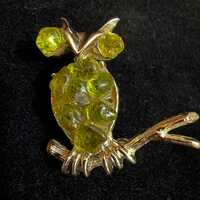 Vintage Dodds Owl Brooch – 1950s Lime Green Crackle Glass – Signed Mid Century Figural P