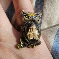 Hand painted owl ring with real moth setting