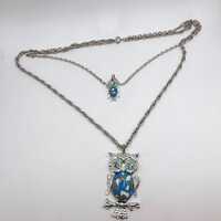 Vintage two layer rhinestone cabochon silver tone owl pendant necklace