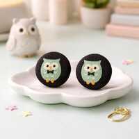 Cute Owl Button Stud Earrings • Handmade Fabric Covered Studs • Kawaii Owl Earrings •