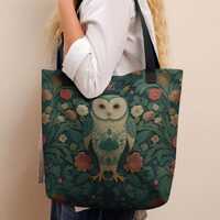 Forest Owl Botanical Tote Bag, Tapestry Style, Embroidered Look Nature Carrier.