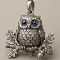 Sterling Silver Owl Pendant with Blue Crystal Eyes, Oak Leaf Branch & Acorn, Wise Owl Necklace C