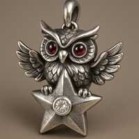 Sterling Silver Owl and Star Pendant with Red Eyes – Celestial Gothic Owl Necklace Charm