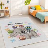 Cute Elephant and Owls Kids Room Rug with Name Option | Personalized Rectangular Children's Carp