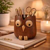 Handmade Wooden Owl Pen Holder, Rustic Desk Organizer, Woodland Office Decor