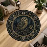 Owl Forest Rug, Round Woodland Area Rug, Rustic Cabin Decor, Nature Inspired Carpet, Cottagecore Owl