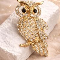 Vintage Style Owl Brooch, Crystal Owl Pin, Gold Tone Rhinestone Owl Brooch, Animal Bird Brooch, Stat