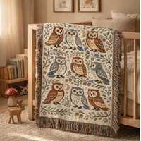 Woodland Owl Woven Blanket – Cottagecore Woodland Nursery Blanket, Vintage Tapestry Throw, Woo