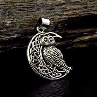 Solid 925 Sterling Silver Owl Crescent Moon Pendant, Celtic Knot Pentacle Wisdom Amulet
