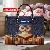 Personalized Owl Reading Books Leather Handbag with Custom Name , Artistic Owl and Book Stack  Bag ,