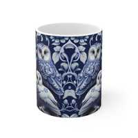Blue Delft Owls Mug | Barn Owl Floral Pattern, Ceramic Coffee Cup