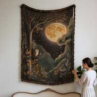 Moonlit Forest Woven Blanket, Owl Celestial Tapestry Throw, Cottagecore Woodland Decor, Moon Night L