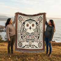 Owl Woven Blanket 100% Cotton USA Pacific Northwest Haida Inspired Coastal Tribal MCM Design Cabin L