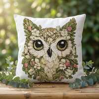 Botanical Owl Outdoor Pillow, Reversible Woodland Owl Cushion, Cottage Garden Patio Pillow, Rustic N