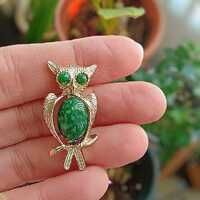 Vintage Art Deco Style Owl Brooch--Figural Faux Jade Cabochon Retro Owl Pin--Spooky Silhouette